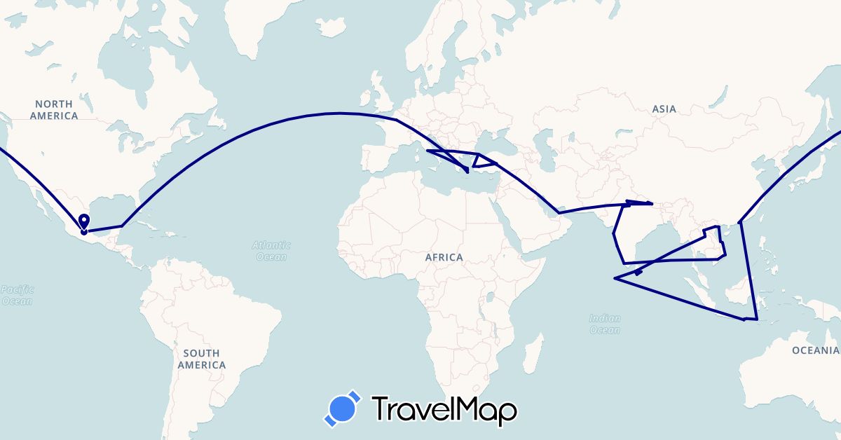 TravelMap itinerary: driving in United Arab Emirates, China, France, Greece, Indonesia, India, Italy, Laos, Sri Lanka, Maldives, Mexico, Nepal, Turkey, Vatican City, Vietnam (Asia, Europe, North America)